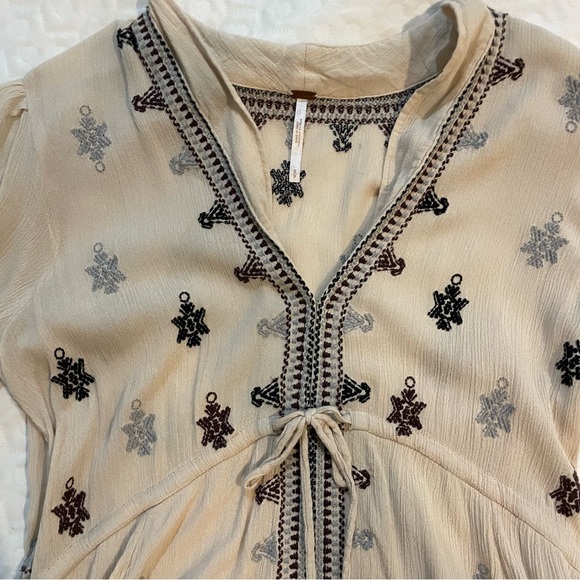 Free People Star Gazer Embroidered Peasant Dress Neutral Color Combo 3/4 Sleeve - Picture 3 of 12